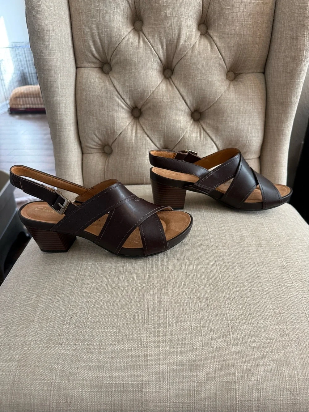Clarks Dark Brown Leather Crisscross Slingback Sandals